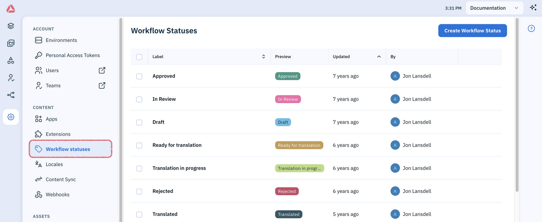 Amplience platform Settings, listing the content setup options