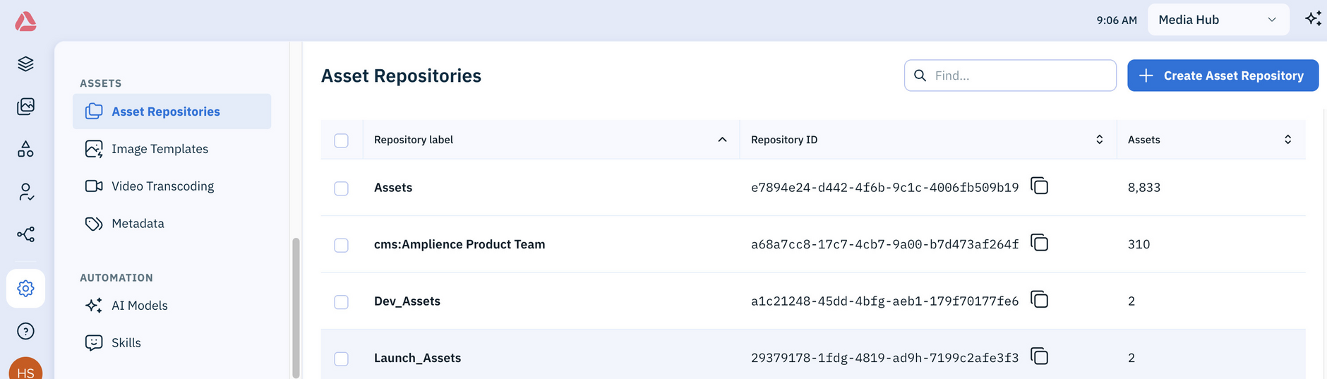Amplience platform Settings, adding an asset repository