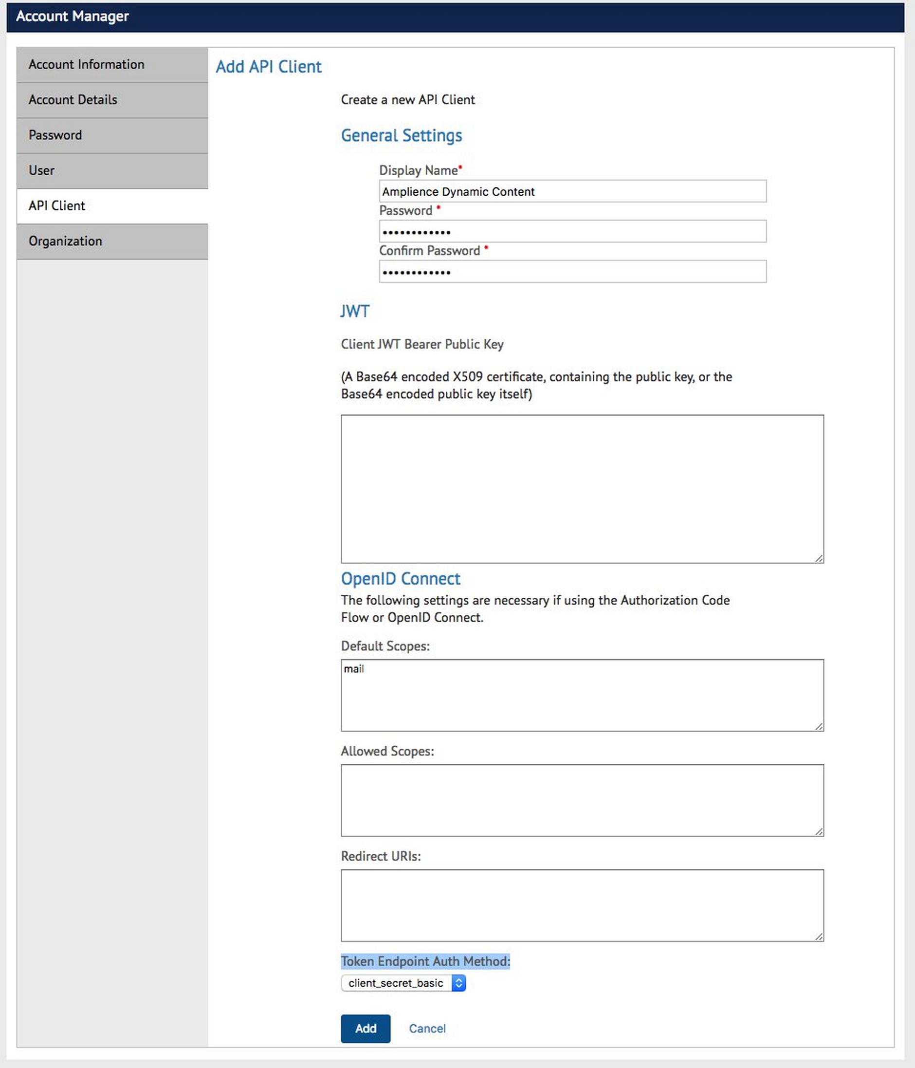 The Add API Client screen in SFCC Account Manager