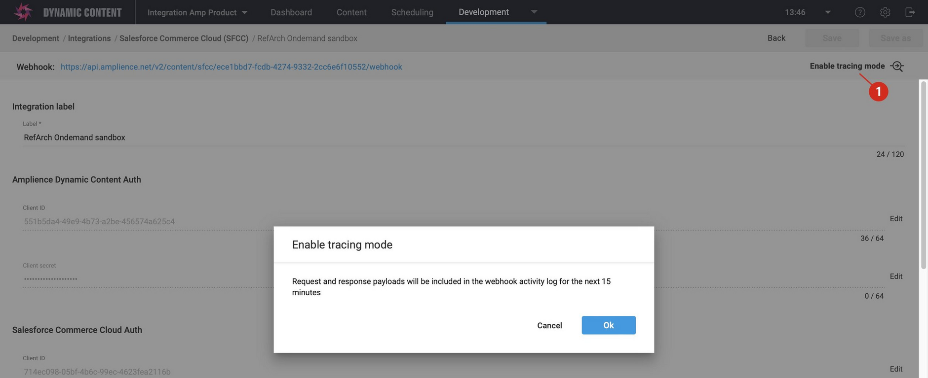 Enabling enhanced traced for the Dynamic Content SFCC integration