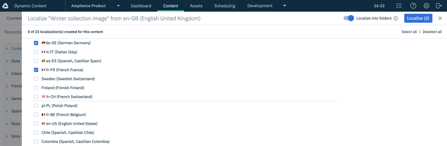 Dynamic Content localize window showing localized variants that have been created