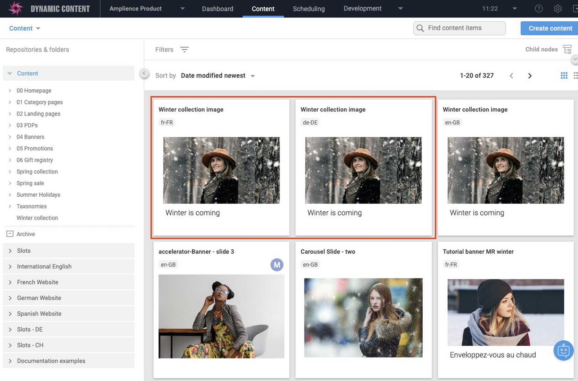 Localized variants of the Winter collection image shown in the Content Library