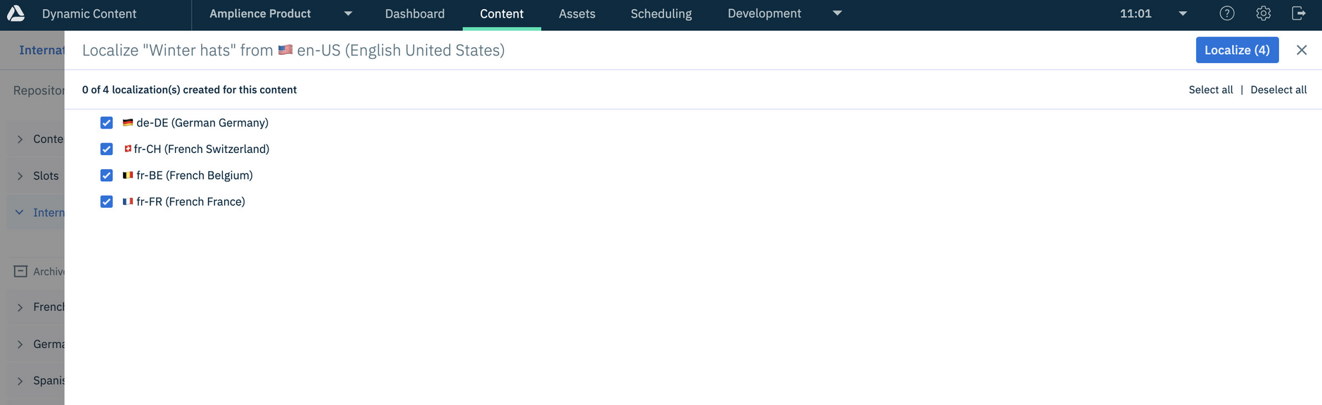 Choosing from the locales available in the localization group