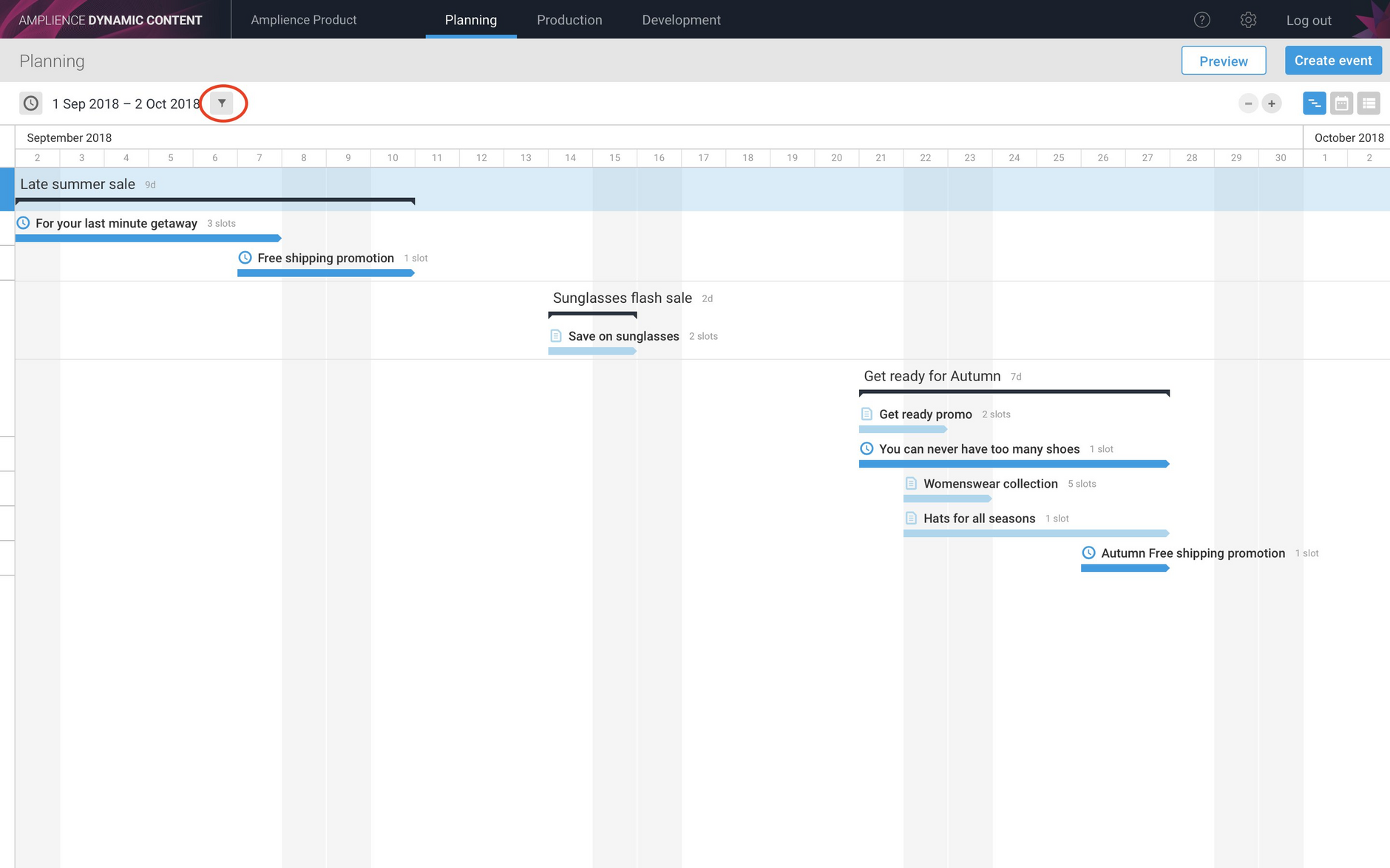 Open the slot browser to choose which slots to use as timeline filters