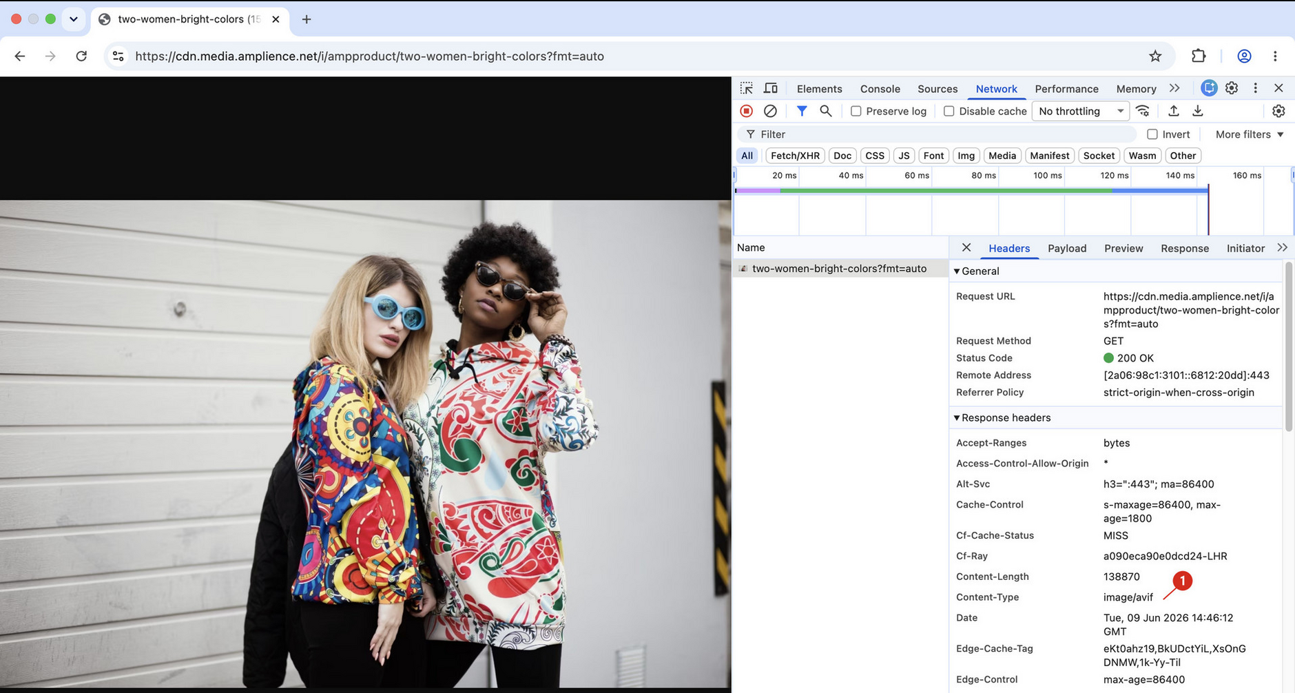 When Accelerated Media is enabled on your account, the image is returned in AVIF format in Safari, Google Chrome, Firefox and any other browser that supports that format.