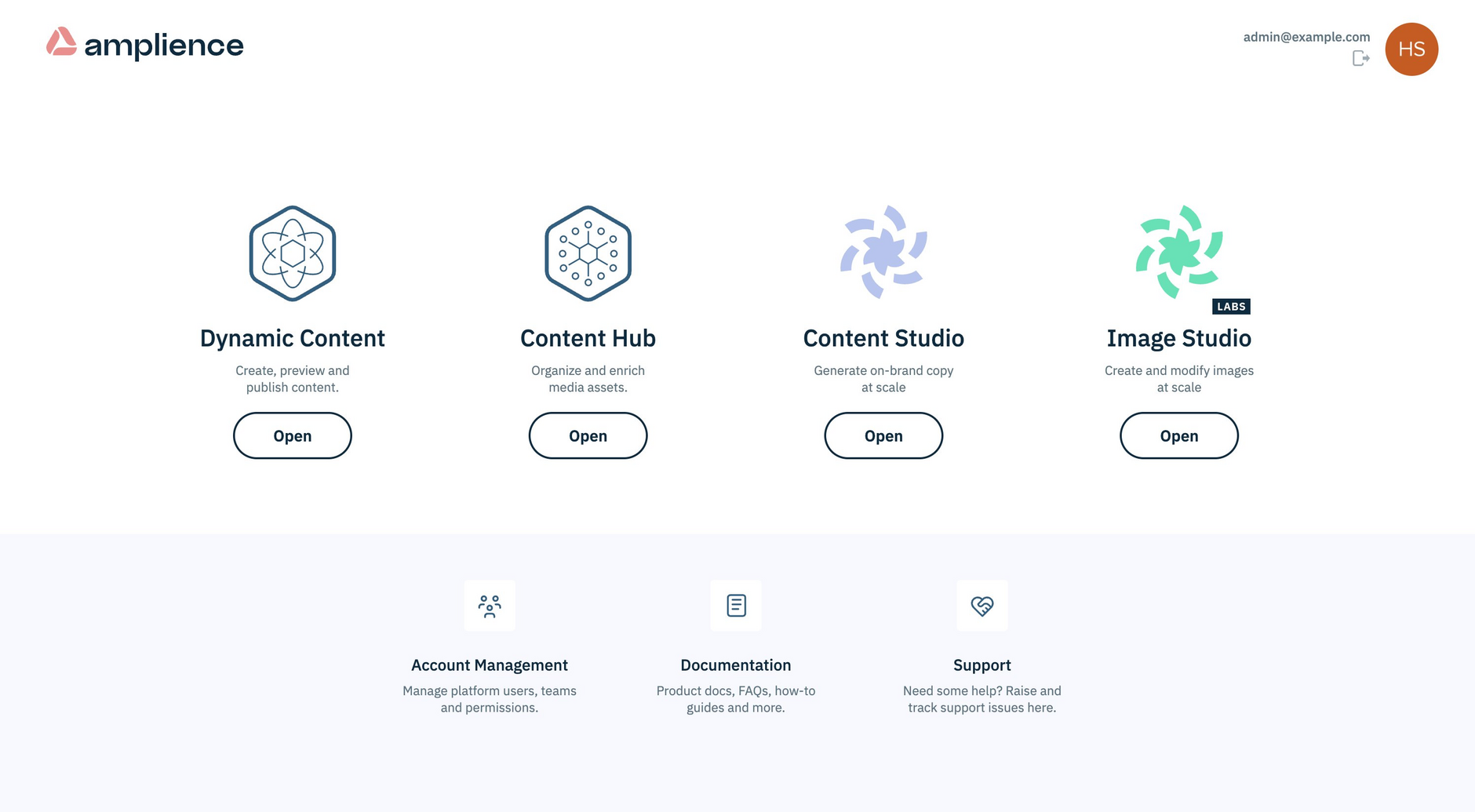 The Amplience landing page. From here you can launch Dynamic Content and Content Hub and visit the documentation site, Dynamic Media playground or support hub.