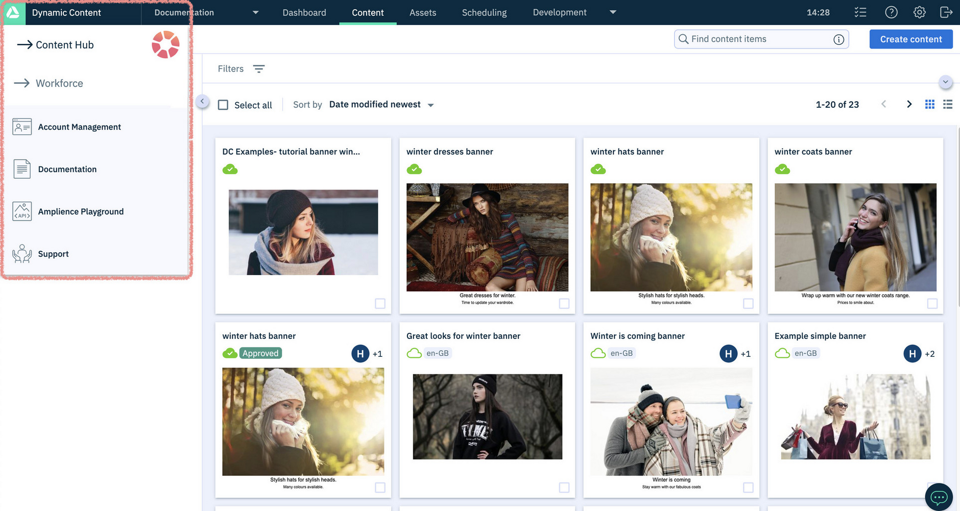The switcher menu is available in Dynamic Content, Content Hub and Account Management