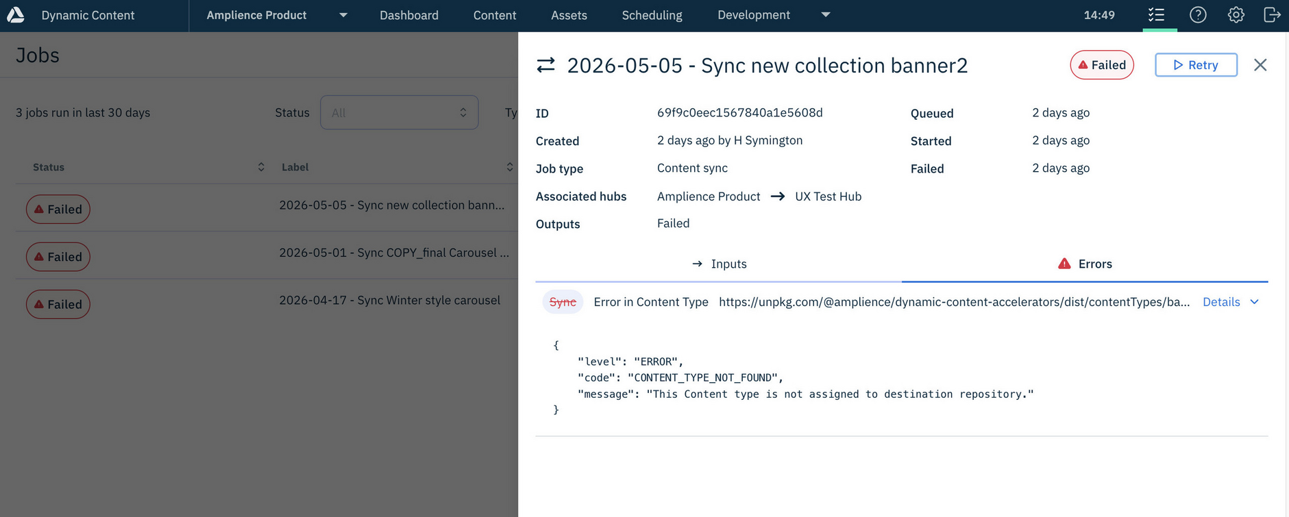 The Jobs list showing a failed sync job in the Sync details panel