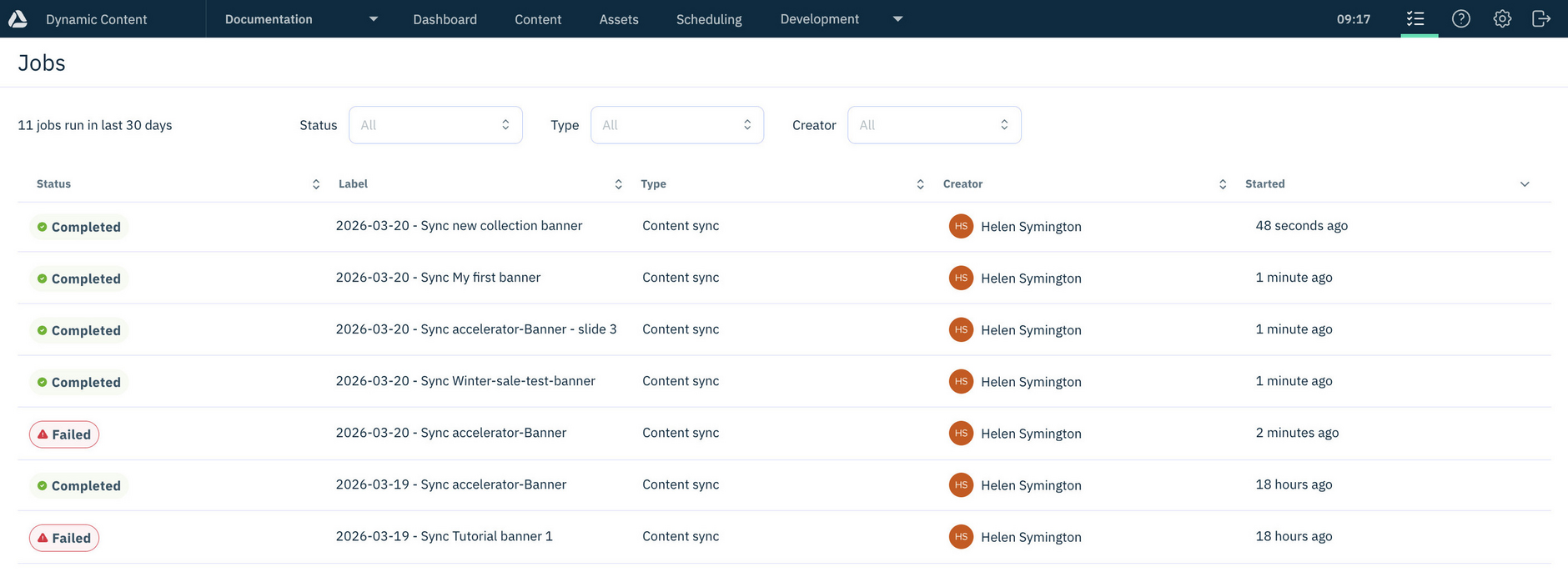 The Dynamic Content Jobs list showing sync jobs status