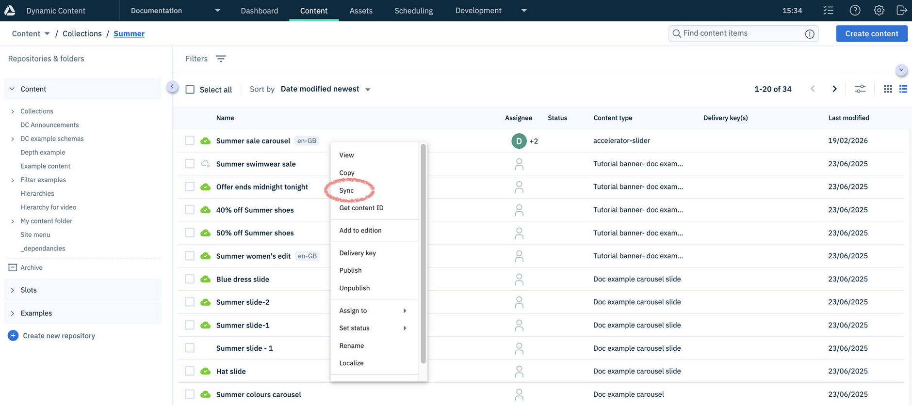 Selecting Sync in Dynamic Content