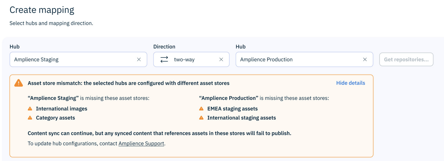 Warning of mismatched asset stores for mapped hubs