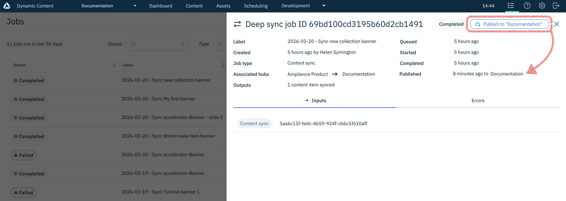 Published synced content shown in Sync Job details