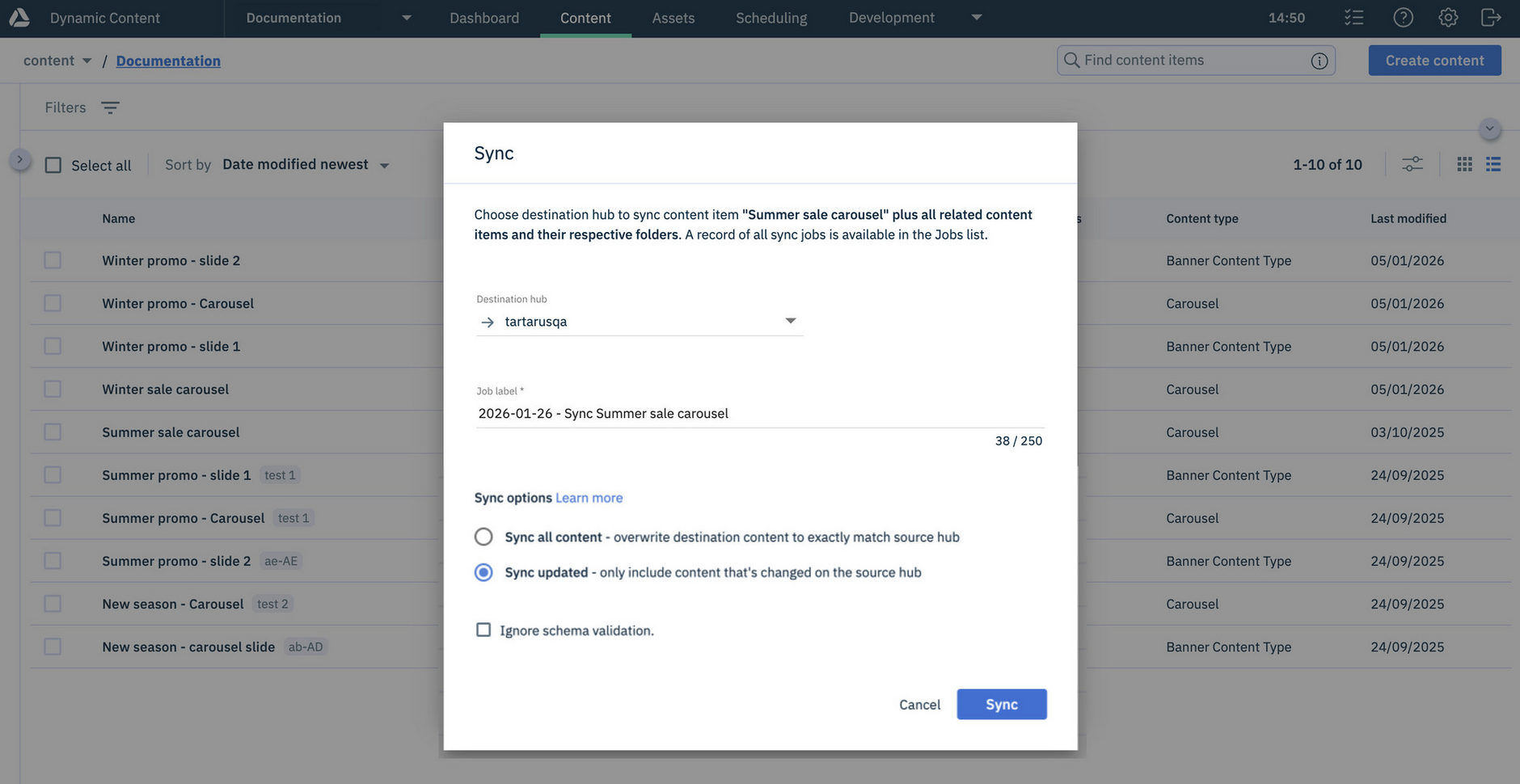 Sync dialog in Dynamic Content