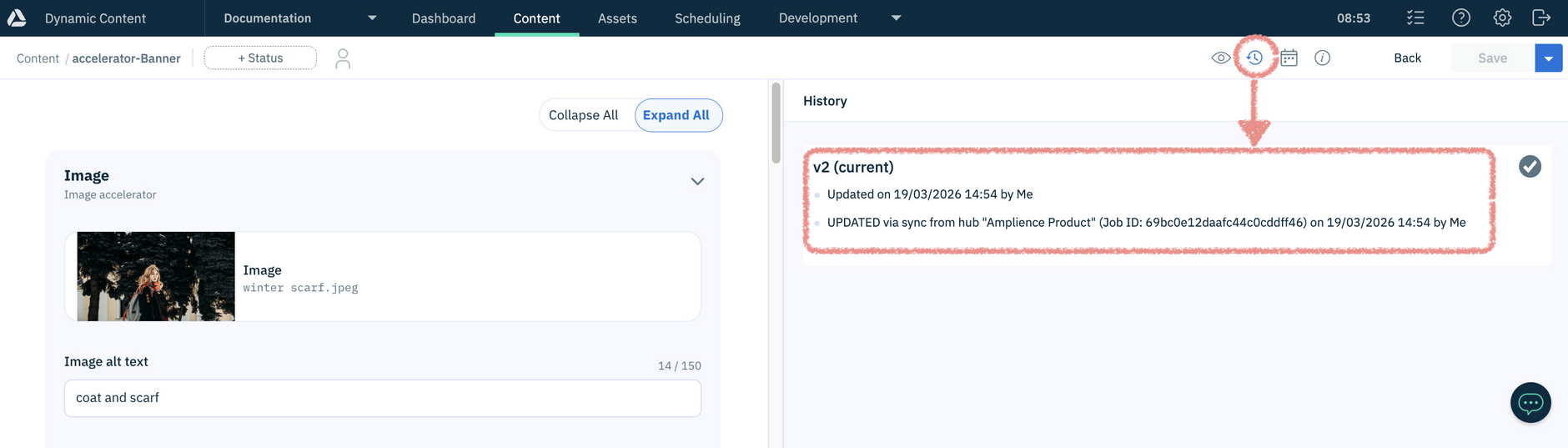Checking sync revision history in Dynamic Content