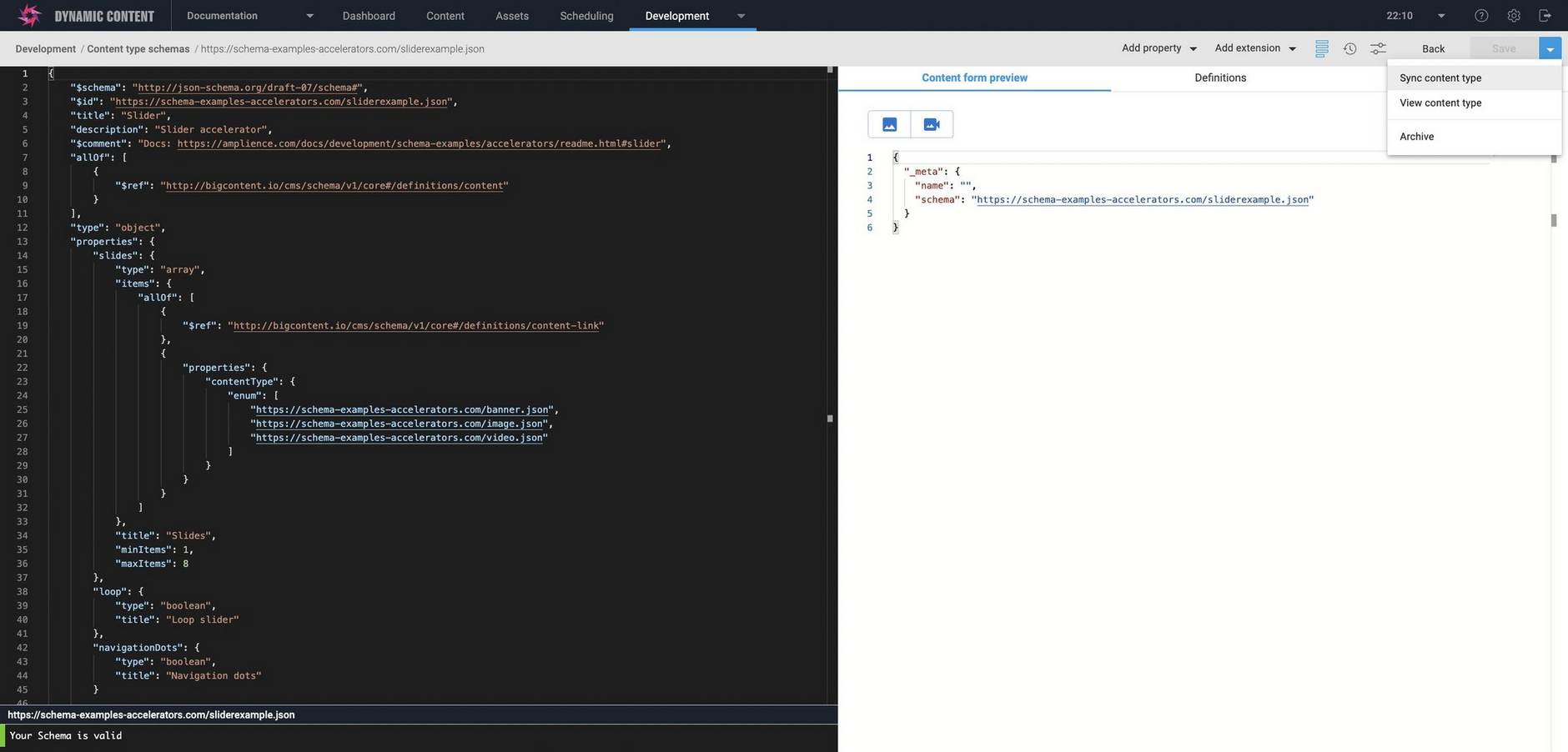 If you make a change to a content type you need to sync with its schema. You can now choose to do this from the schema editor