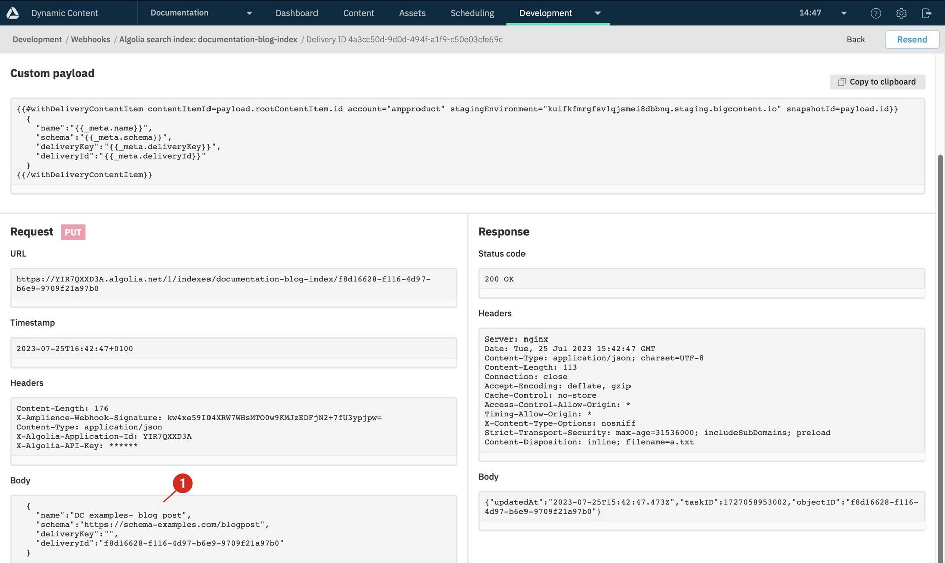 The webhook body shows the content of the Algolia record for the published content item