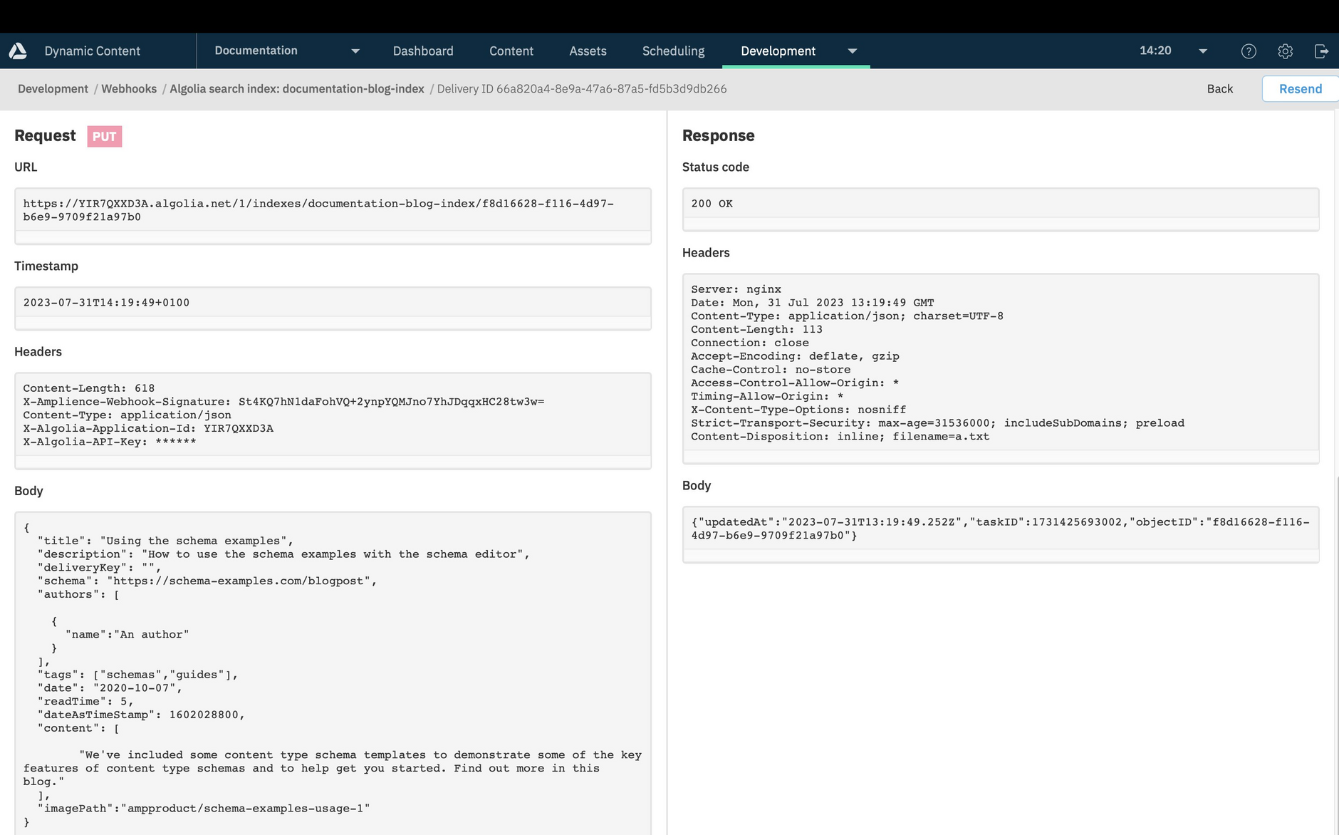 The webhook body shows the content of the Algolia record for the published content item