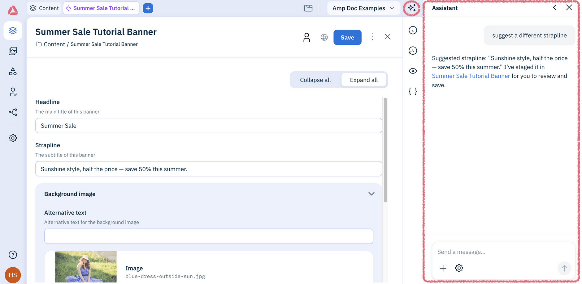 Amplience Content Operations Platform workbench with the Assistant open