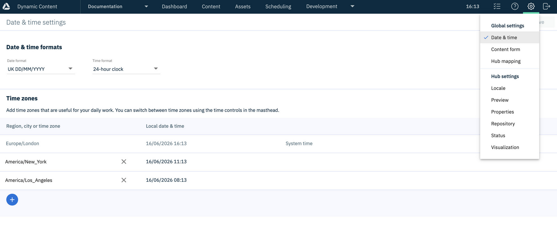 The Dynamic Content date and time zone settings window