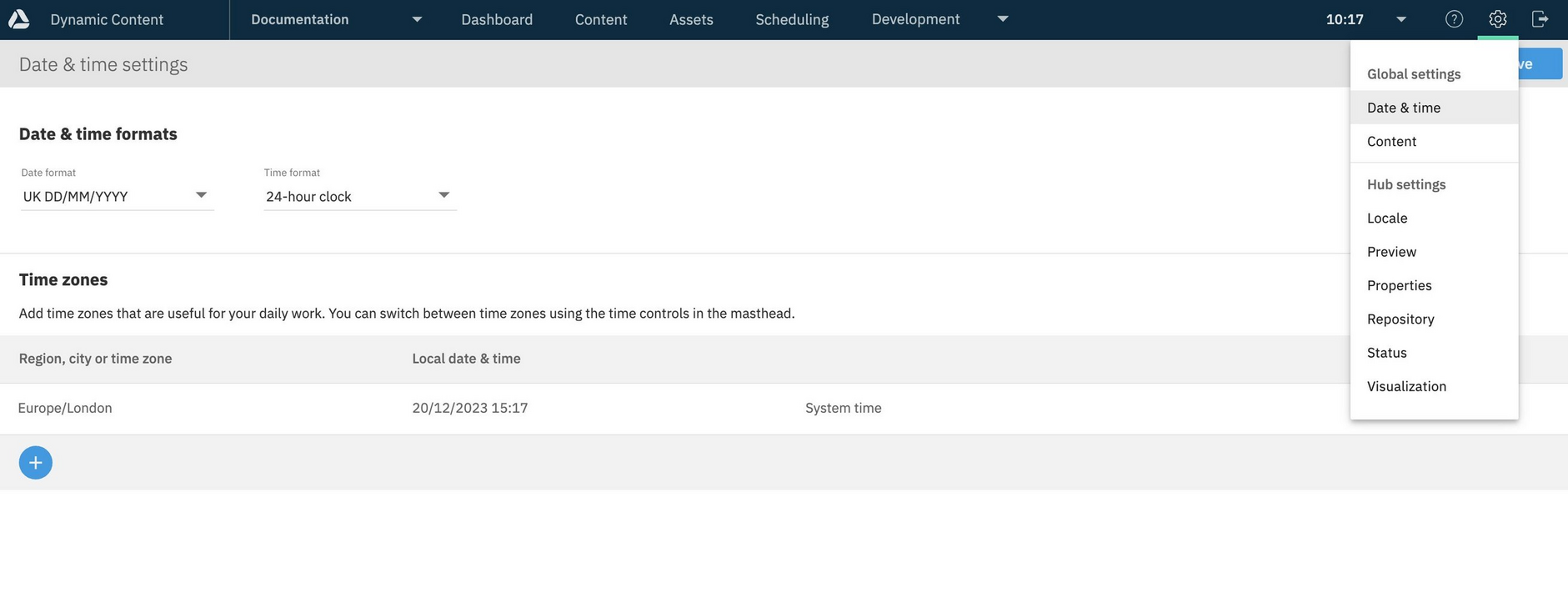 Choosing to view and add time zones