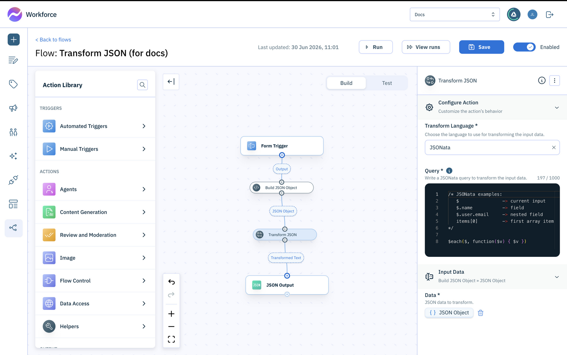 Configuration and inputs for Transform JSON