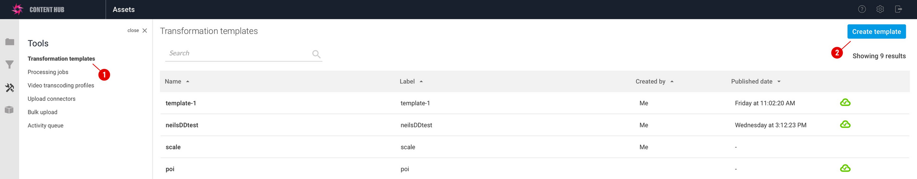 Transformation templates are shown in the tool section of Content Hub