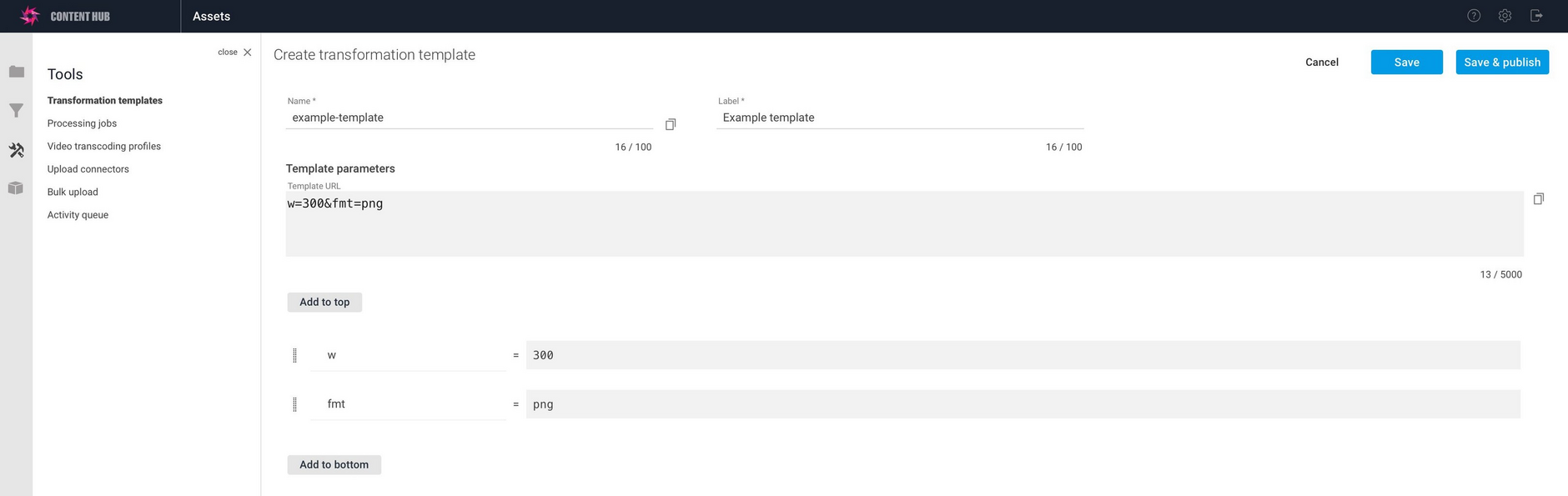 Setting the format to PNG. The parameters are shown in the list and in the full URL is shown in the Template URL box.