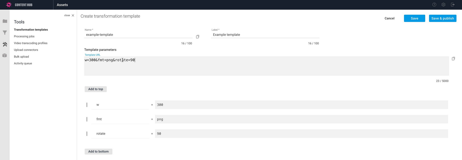 Adding a parameter directly in the Template URL box, in this example rotate=90 is added.