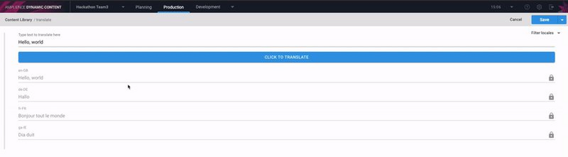 The translation extension demonstrates how to use an external translation service to translate field level localized strings