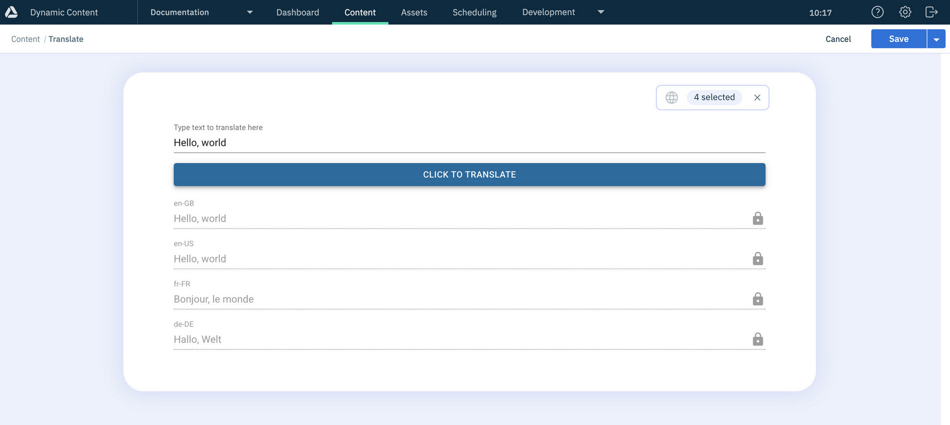 The translation extension demonstrates how to use an external translation service to translate field level localized strings