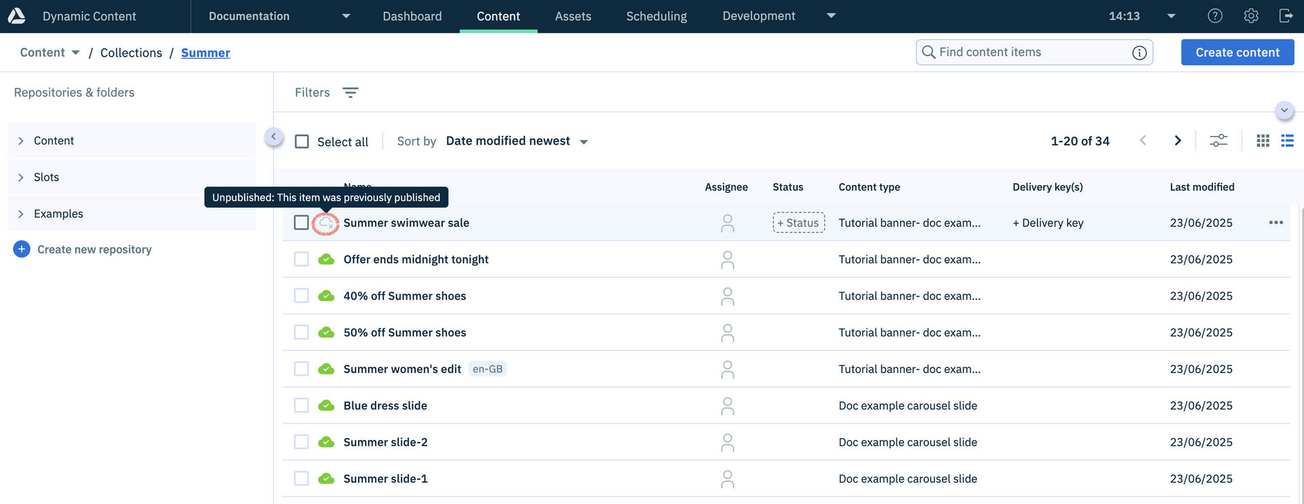 Unpublished content in the content library