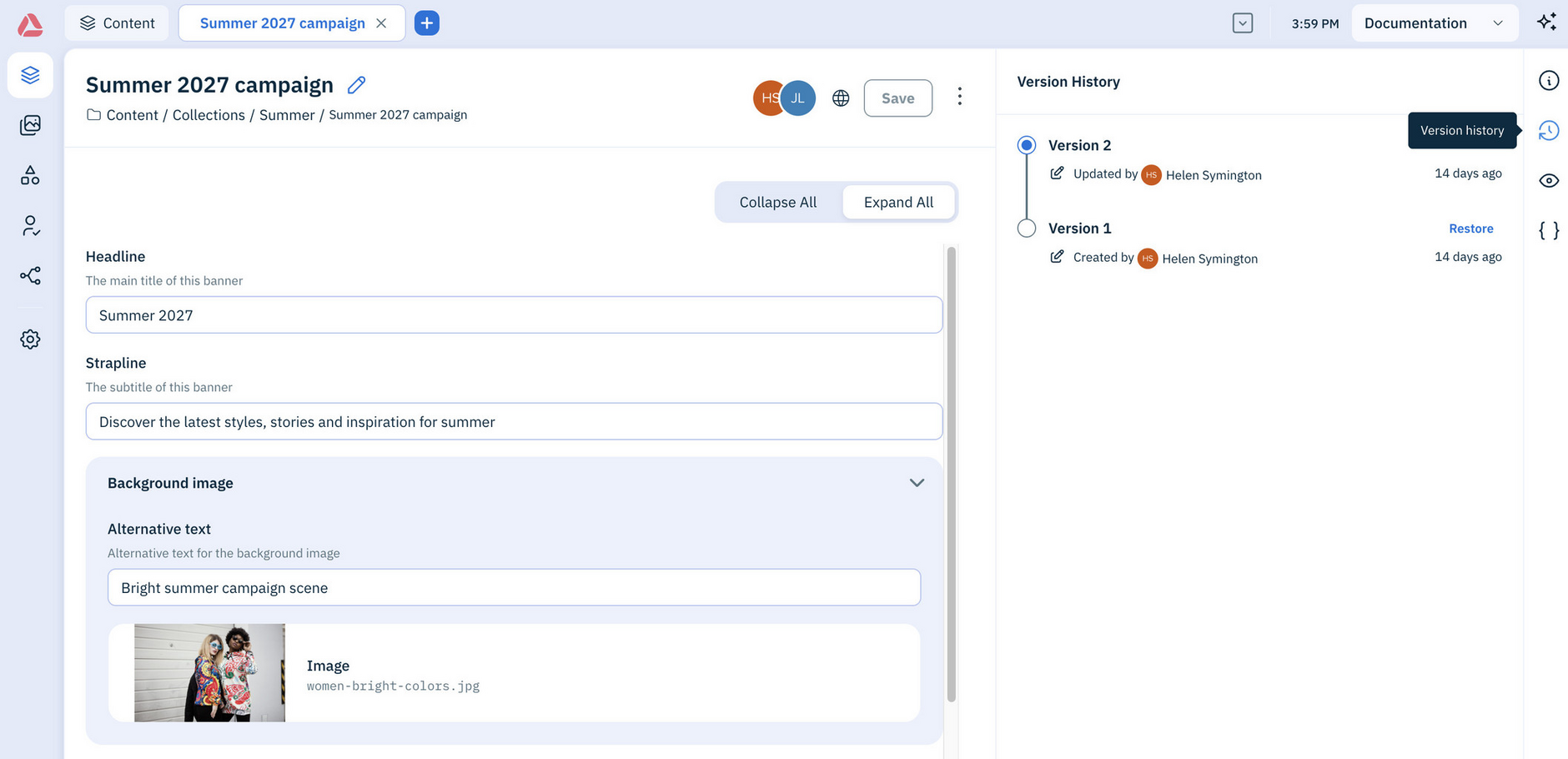 Amplience platform showing content version history