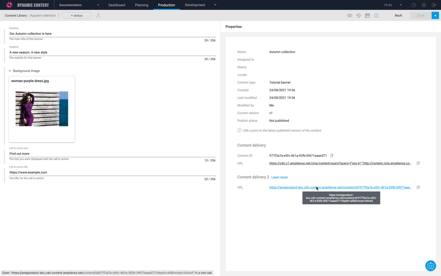 The content properties window includes the production content delivery URL used to retrieve published content