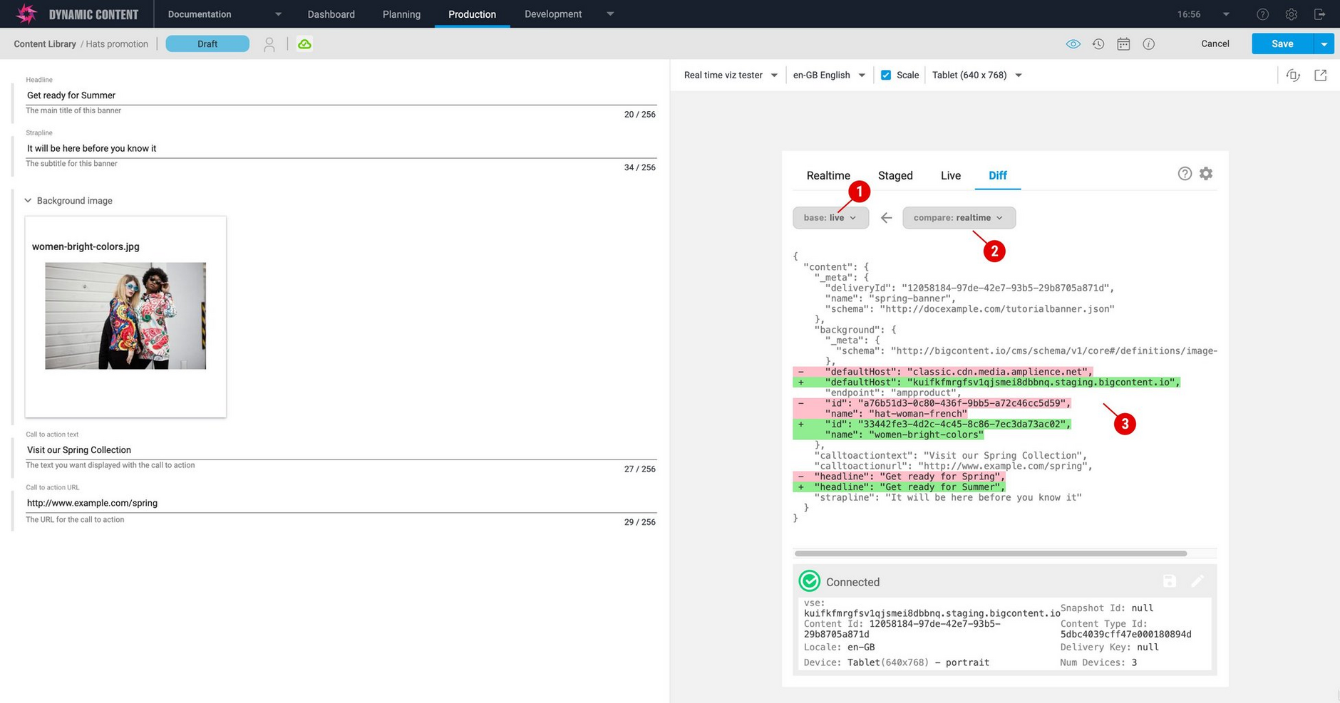 The delivery preview visualization can be used for debugging. It allows you to compare published, stage and realtime content.