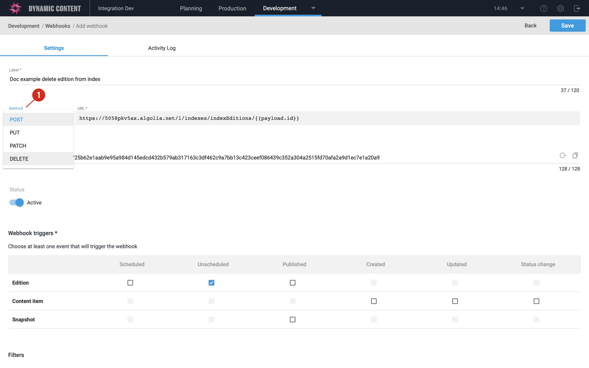 Creating a webhook with the DELETE method