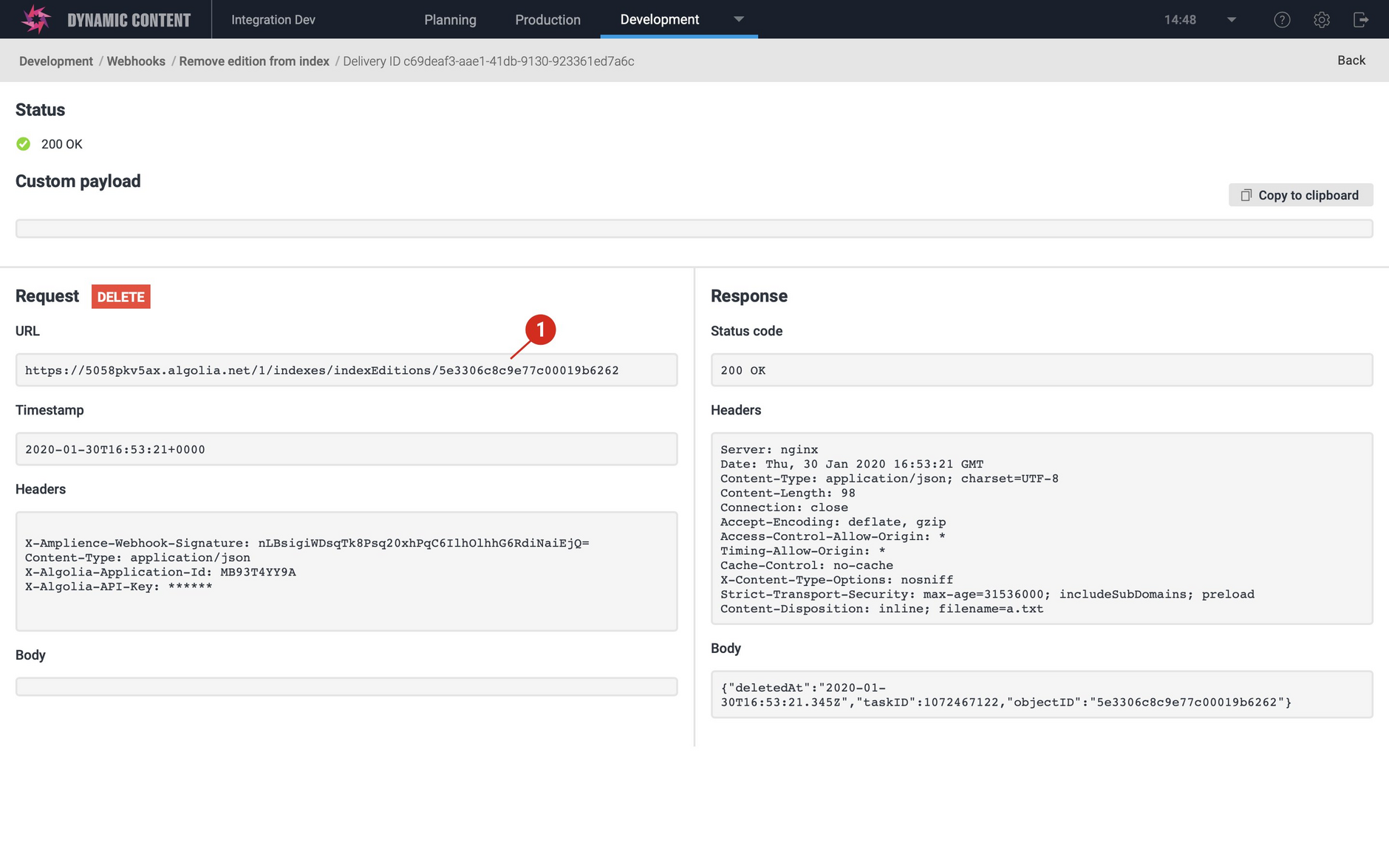 Webhook details for a webhook request using the DELETE method