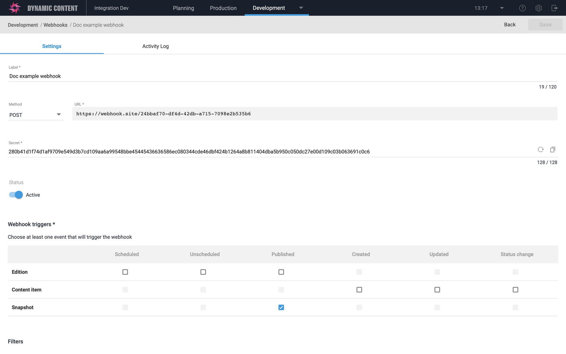 Creating a webhook with label, URL and webhook triggers