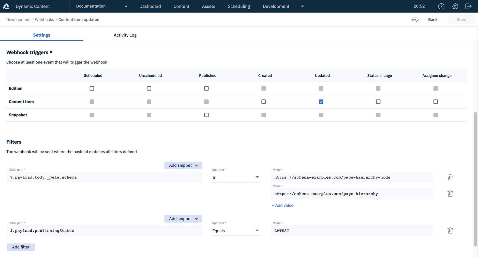 Setting up a webhook to be triggered using content item updated on publish