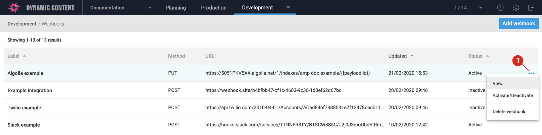 Opening the webhook configuration window for the Algolia webhook