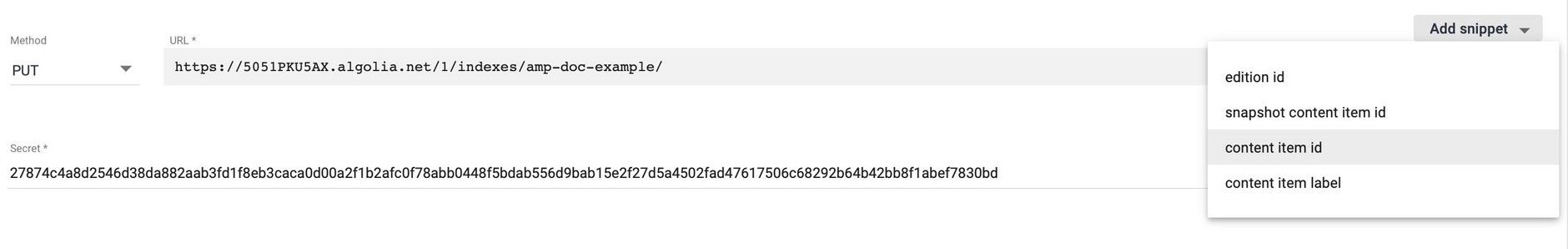 Use the snippets menu to add payload.id to the webhook URL