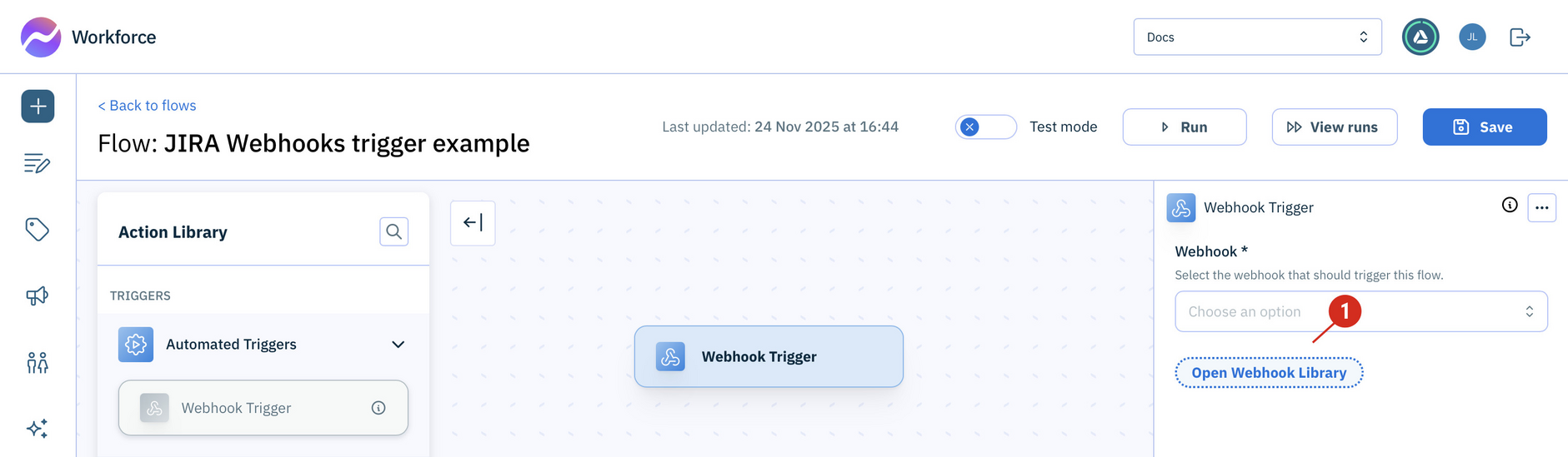 Open the Triggers section from the action library