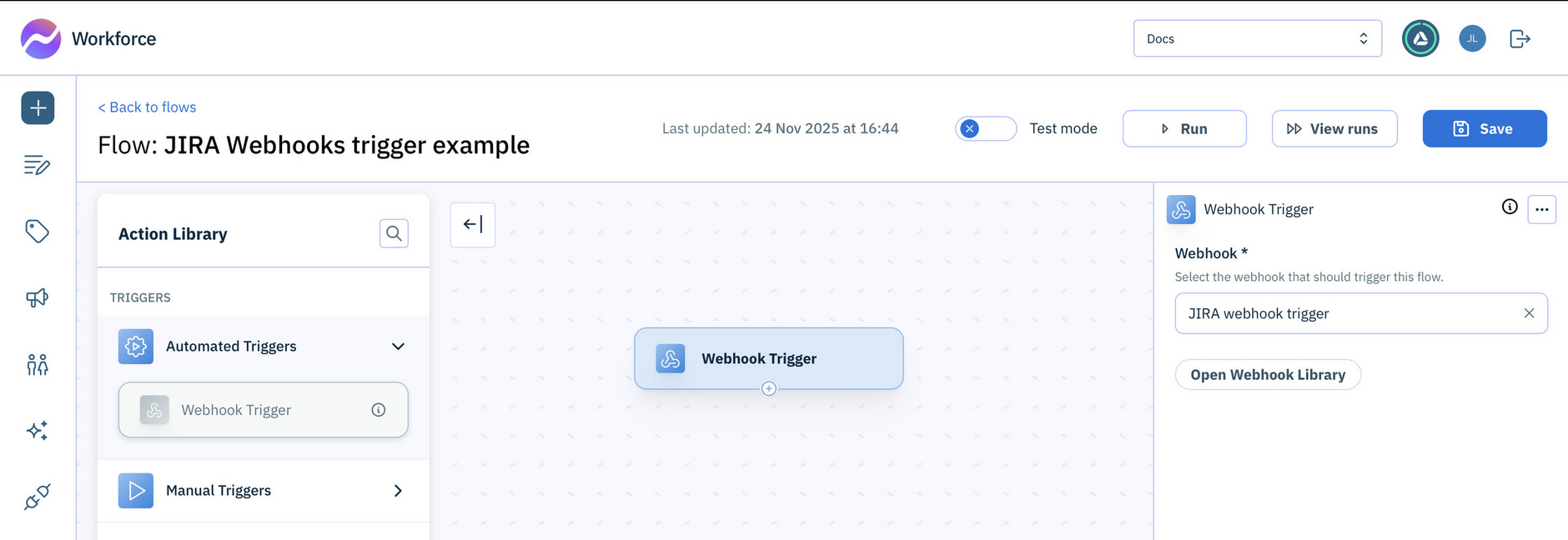 Choosing the webhook to trigger the flow