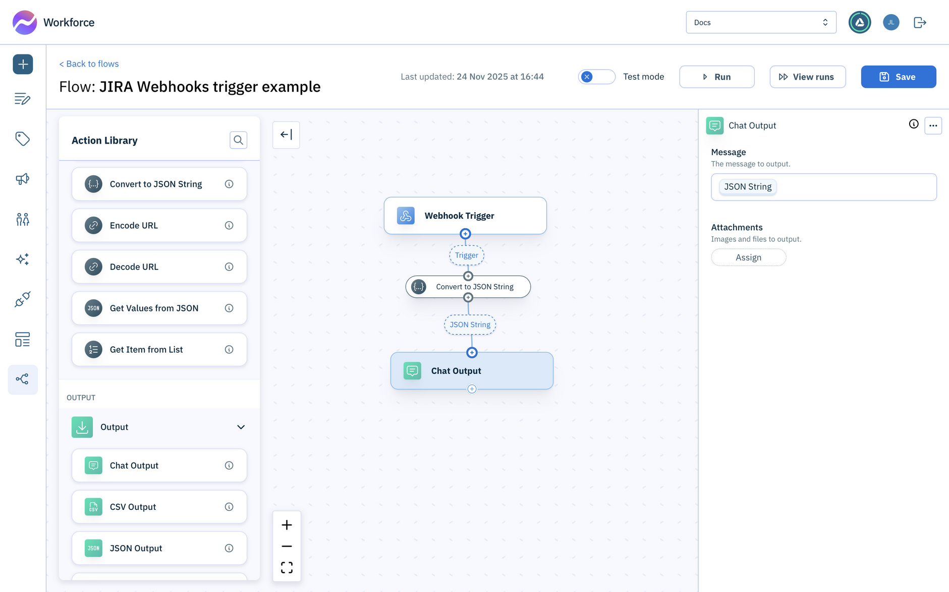 Add actions to your flow to output the webhook payload