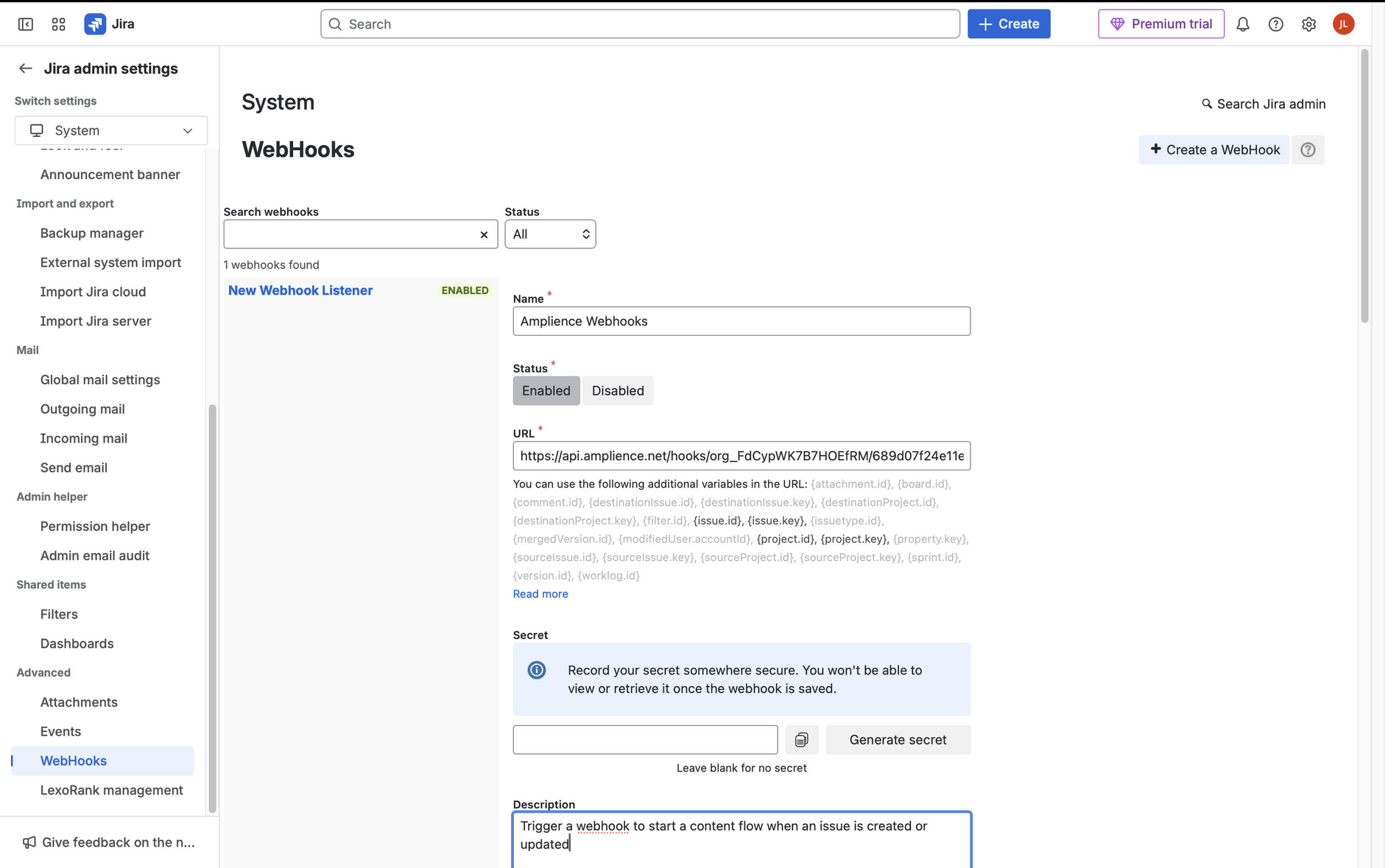 Creating the webhook in JIRA