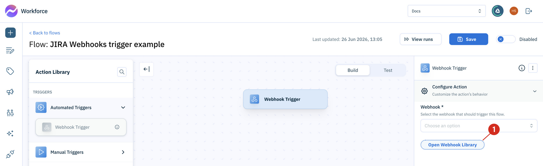 Open the Triggers section from the action library