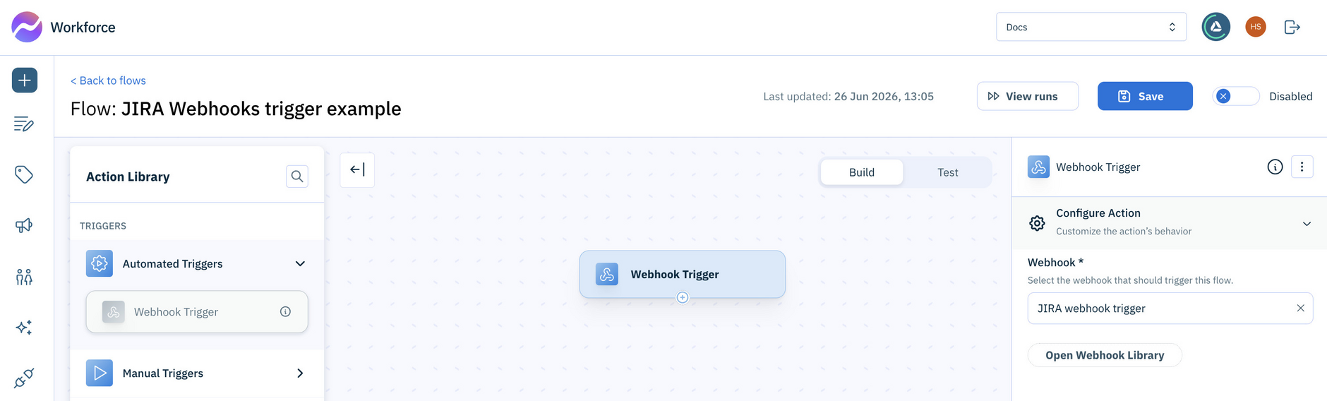 Choosing the webhook to trigger the flow