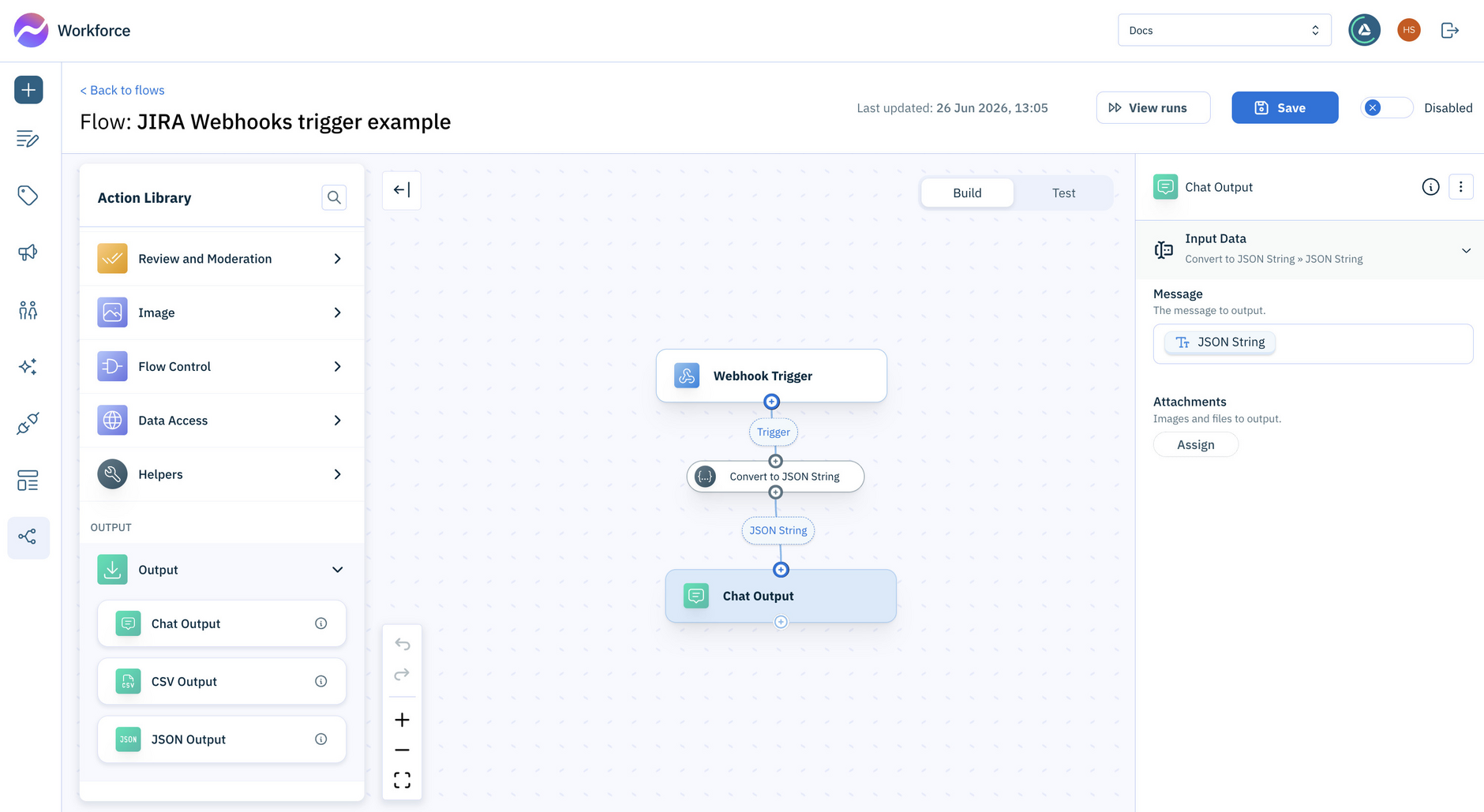 Add actions to your flow to output the webhook payload
