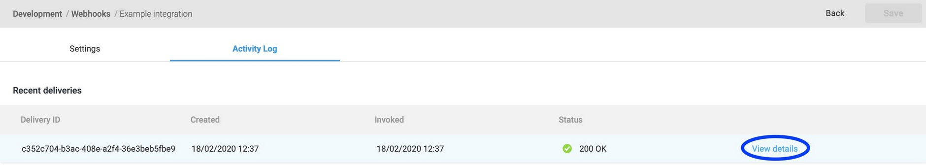 Click view details to view the webhook request and response
