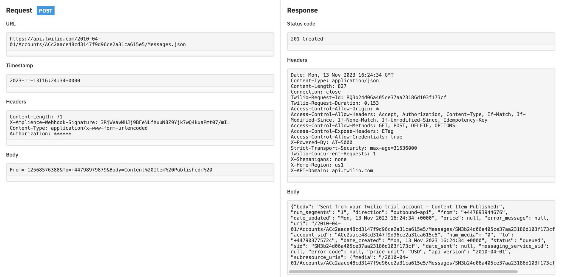 The webhook activity log shows our webhook was received and processed