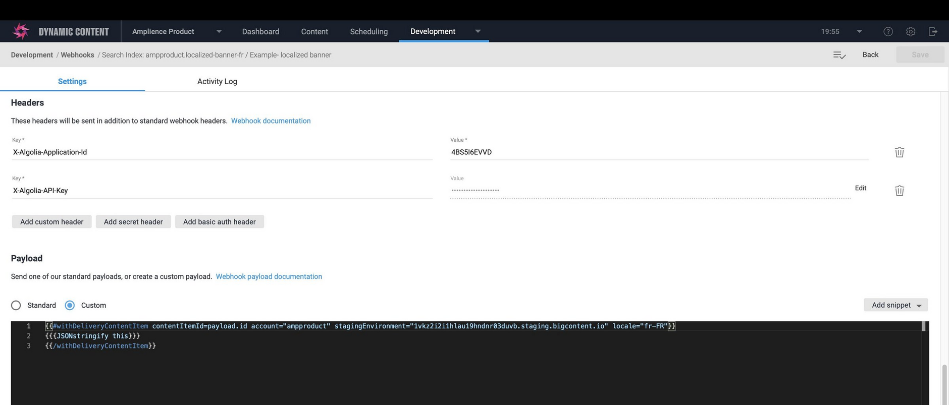 The updated payload to filter by locale.